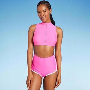 Women's Zip-Front Mock Neck Bikini Top - Wild Fable™ Pink M